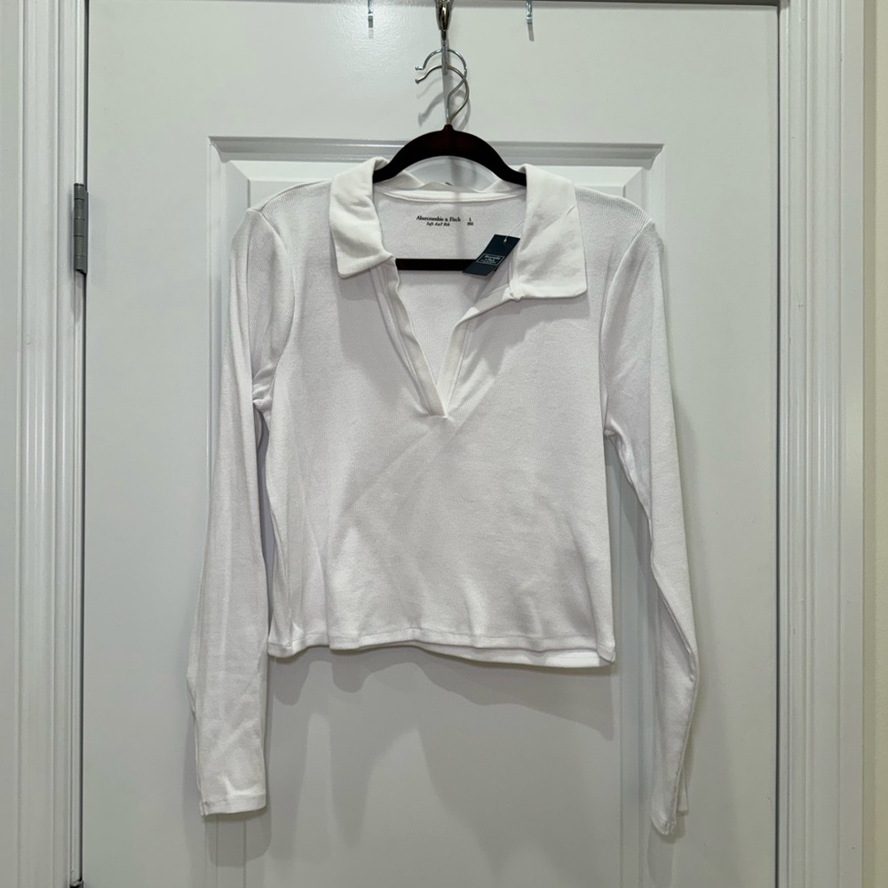 NWT Abercrombie & Fitch Long Sleeve Soft A&F Rib Collared Polo Shirt White Large